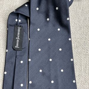 Ferner Jacobsen Silk Tie Navy Blue White Polka Dots 54” x 3.25" Edsor Classic